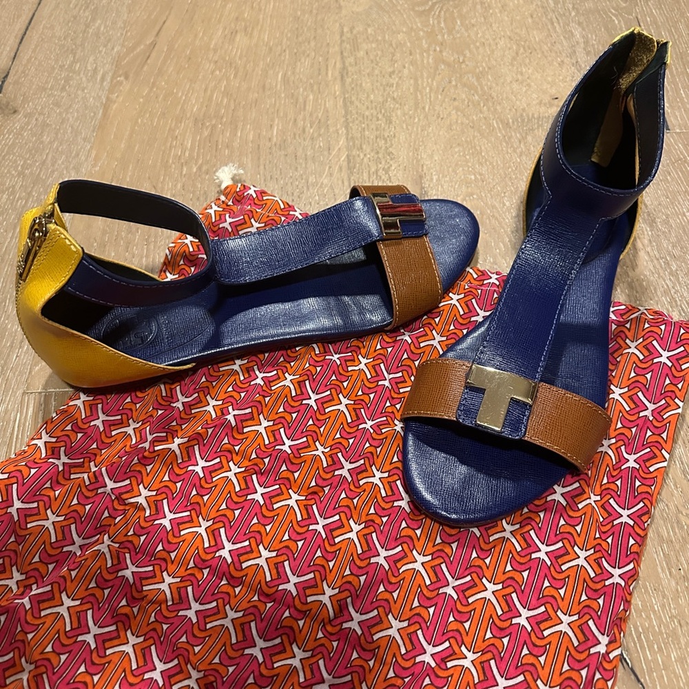 Tory Burch Casey Blue and Brown Sandals